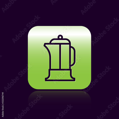 Black line French press icon isolated on black background. Green square button. Vector Illustration
