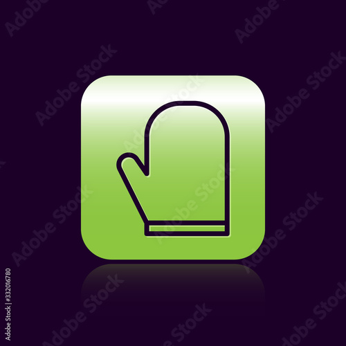 Black line Oven glove icon isolated on black background. Kitchen potholder sign. Cooking glove. Green square button. Vector Illustration
