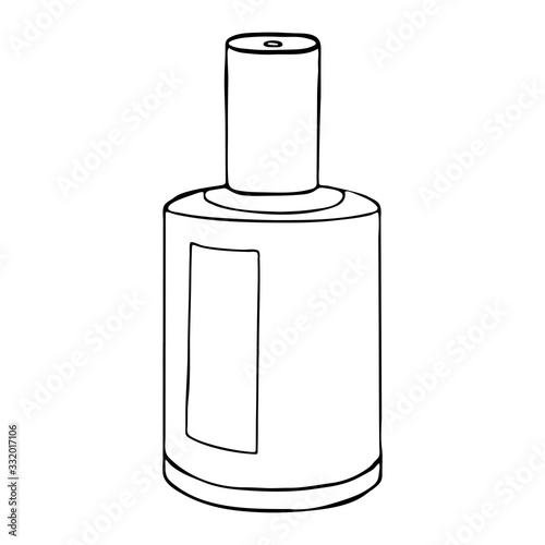 Mouthwash, mouth rinse, dental care product personal oral hygiene home in bathroom. Template glass bottle with liquid. Vector isolated flat doodle realistic drawing black outline white background icon