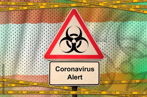 Lebanon flag and Covid-19 biohazard symbol with quarantine orange tape. Coronavirus or 2019-nCov virus concept photo