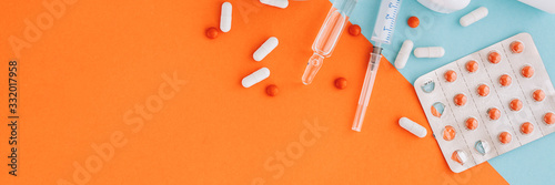 Banner with set of pills for treatment various viruses symptoms. Treatment of seasonal allergic rhinitis or flu.