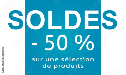 carte ou bandeau soldes à moins 50% sur une sélection de produits en blanc sur fond bleu