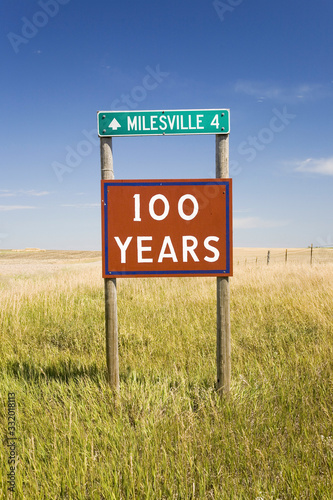 100 Years road sign to Milesville, South Dakota