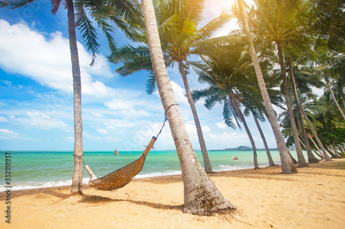 Beautiful tropical beach with coconut palm trees and hammock