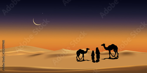 Panoramic Arab family with camels caravan riding in realistic desert sands.Caravan Muslim ride camel on desert with crescent moon and star at dark night night,Kareem concept.