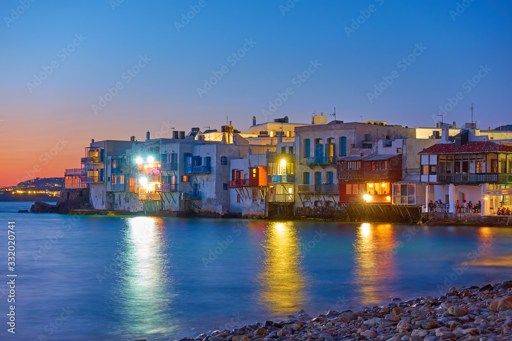 The Little Venice in Mykonos island at twilight