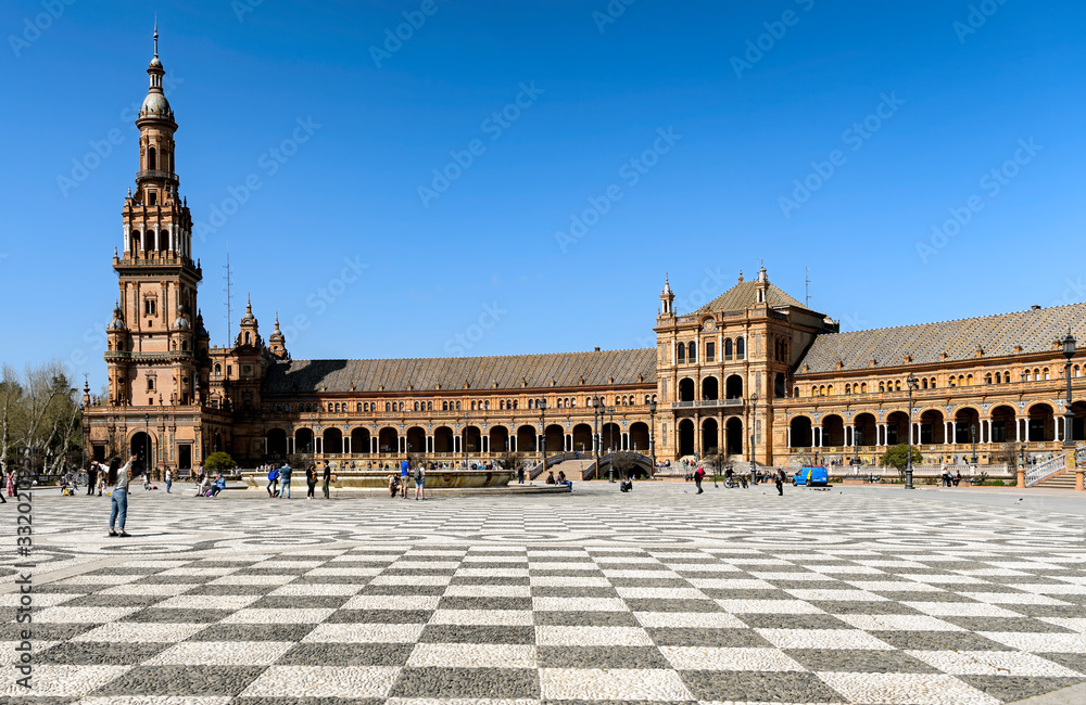 View of landmark Spain Plaza, one of the most visited tourist attraction in Seville, Spain.