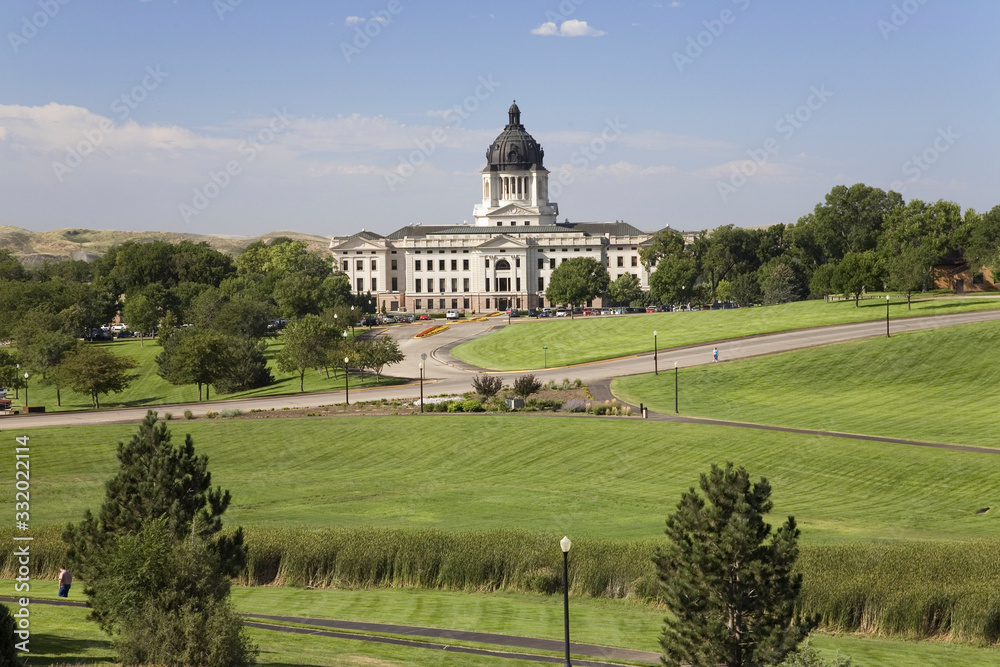 Green grass of park leading to South Dakota State Capitol and complex, Pierre, South Dakota