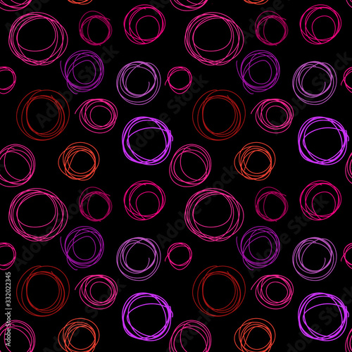 Seamless patent multi-colored rings on a black background. Used for printing textiles, wrapping paper and more.