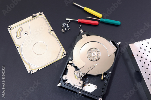 Hard disk inside. Computer hard drive. Data storage.