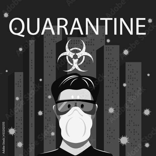 A man in a protective medical mask on the background of the metropolis. Image of viruses in the air, biohazard sign and the inscription quarantine.