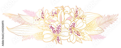 Bouquet of outline tropical Alstroemeria or Peruvian or Incas lily bunch and palm leaf in golden pink isolated on white background.