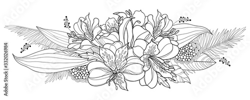 Bouquet of outline tropical Alstroemeria or Peruvian or Incas lily bunch and palm leaf in black isolated on white background. 