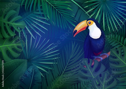 Tropical leaves and toucan