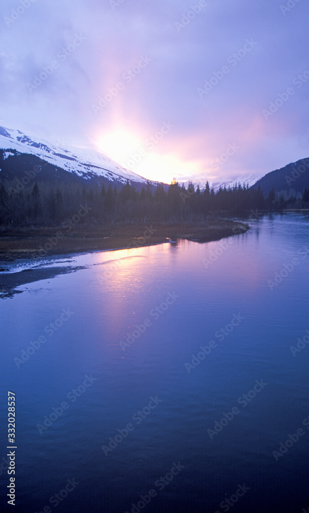 Sunset on Resurrection River with Harding Ice field in distance, Kenal Mountains, Seward, Alaska Sunset on Resurrection River with Harding Ice field in distance, Kenal Mountains, Seward, Alaska