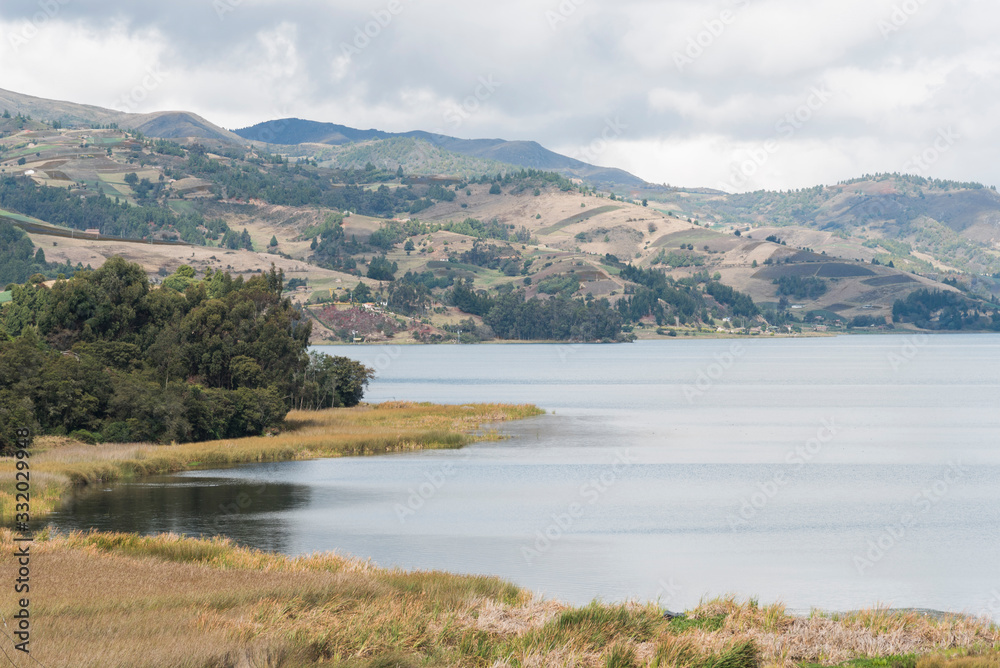 Rural landscape, Tota, the largest Colombian lake, and fields that surround it