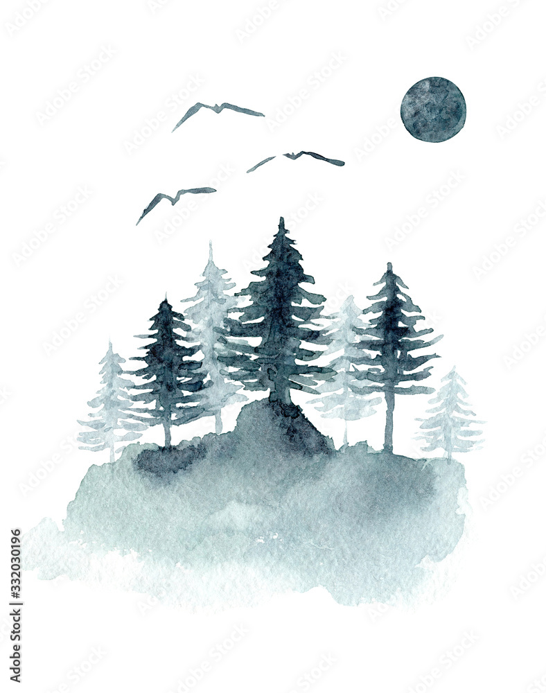 Ταπετσαρία Dark indigo watercolor hand drawn foggy forest, moon and flying birds illustration