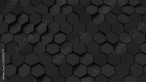 Abstract black hexagon background; dark honeycomb pattern; 3d rendering, 3d illustration