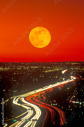 Composite Image - Moonrise over the Harbor Freeway/Route 10, Los Angeles, California