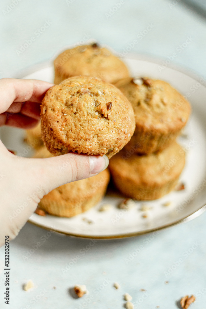 Healthy vegan snack carrot muffins with brown sugar on the plate Healthy vegan snack carrot muffins with brown sugar on the plate
