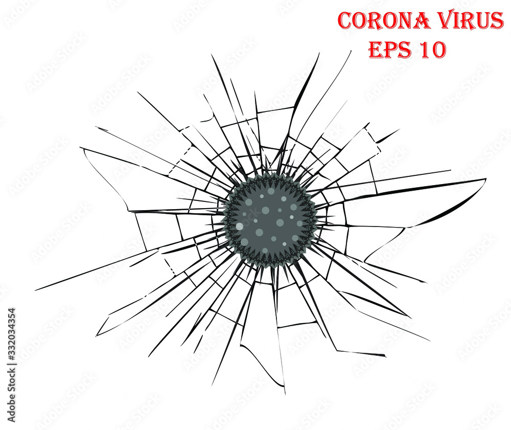 Obraz premium Corona virus. Corona virus icon. Broken or crack sign. Influenza pandemic. Transparent background. Broken glass, cracks, bullet marks on glass. High resolution. Texture glass with black hole.