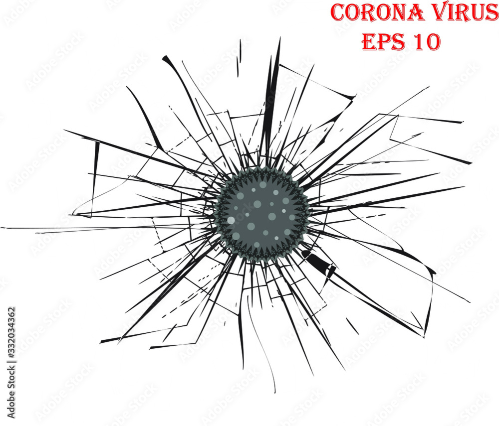 Obraz premium Corona virus. Corona virus icon. Broken or crack sign. Influenza pandemic. Transparent background. Broken glass, cracks, bullet marks on glass. High resolution. Texture glass with black hole.