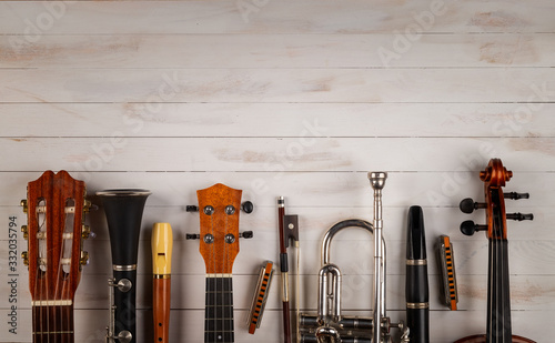instruments in white wooden background photo
