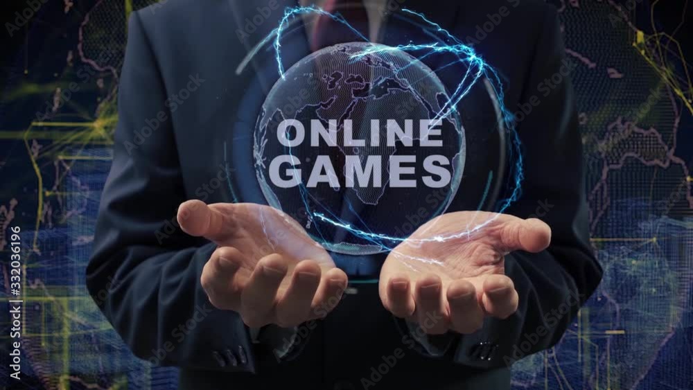 Male hands activate a conceptual holographic text Online Games. Businessman in a suit with a hologram of planet Earth on a background of a futuristic wireframe city