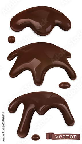 Melted chocolate. Chocolate drops and drips. 3d realistic vector objects. Food illustration