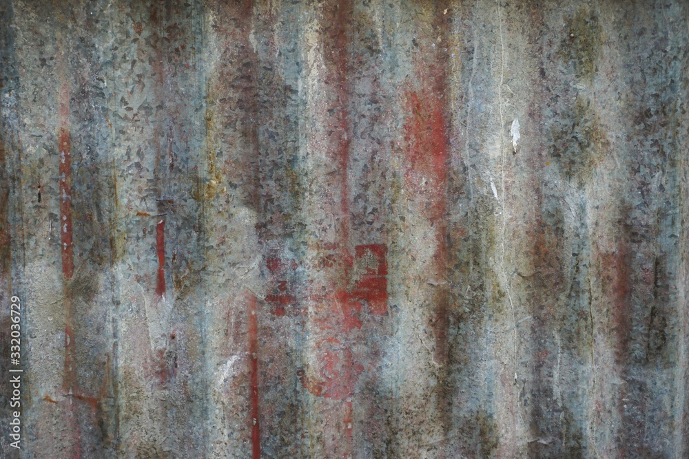 Funky old corrugated metal with paint spatters, corrosion, dirt and rust abstract horizontal background texture Funky old corrugated metal with paint spatters, corrosion, dirt and rust abstract horizontal background texture