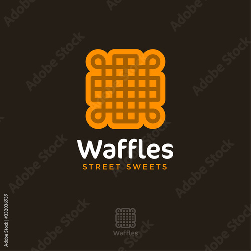 Waffles logo. Street food. Yummy emblem. Bakery and cafe logo. Symbol of waffle or cookie with letters.