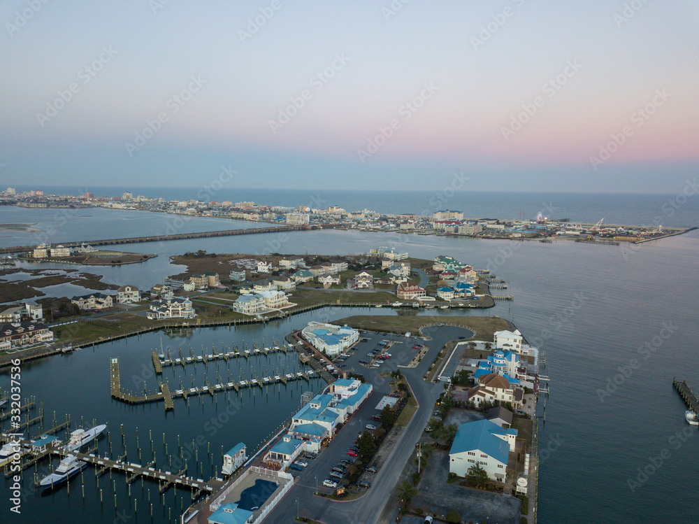 Aerial view of the resort town of Ocean City Maryland, USA,  at sunset.