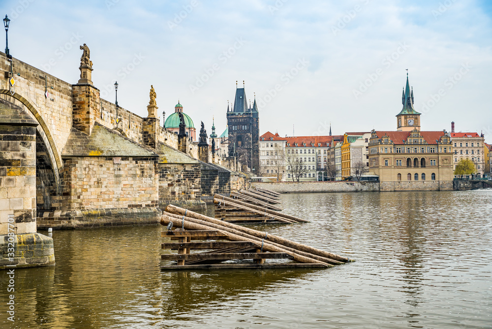 River pillars on Moldau river in Prague, Czech republic