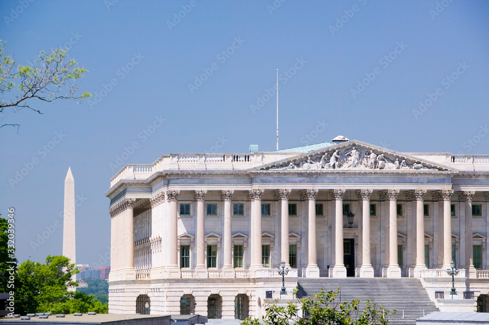Naklejka premium U.S. Senate side of U.S. Capitol with Washington Monument in background, Washington D.C..