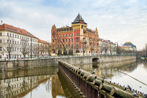 Prague, Czech republic - March 19, 2020. Smetanovo nabrezi - Smetana Riverbank during coronavirus crisis and travel ban without tourists