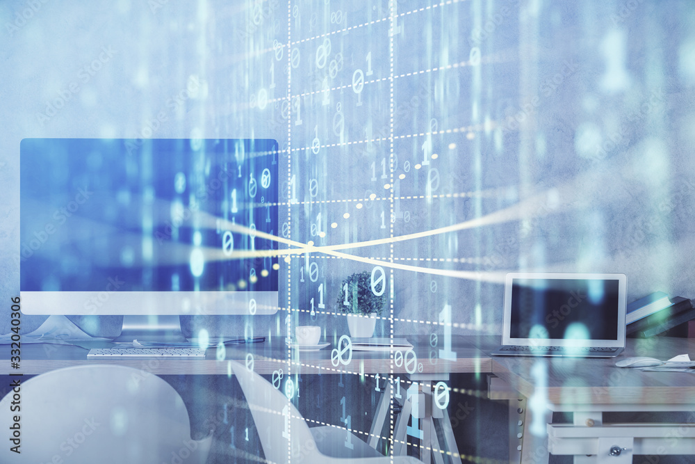 Multi exposure of data theme drawing and office interior background. Concept of technology. Multi exposure of data theme drawing and office interior background. Concept of technology.