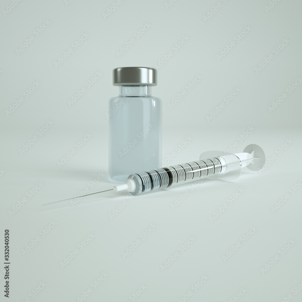 Set of syringe with medication for injection and vaccine in bottle isolated on light white background with clipping path. Free space for text. 3D rendering. 3D Mock up for your design. Set of syringe with medication for injection and vaccine in bottle isolated on light white background with clipping path. Free space for text. 3D rendering. 3D Mock up for your design.