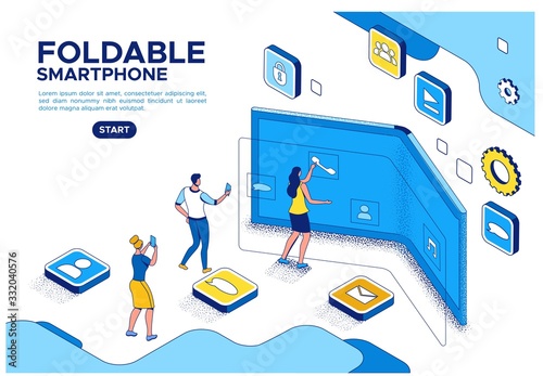 Foldable phone isometric concept with people using flexible smartphone, cartoon characters with futuristic gadgets, blue and yellow composition, 3d vector illustration