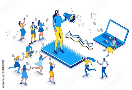 Influencer standing with megaphone and refer a friend to affiliate program, blogger and followers, people like post in social media network, 3d vector isometric illustration with outline and texture photo