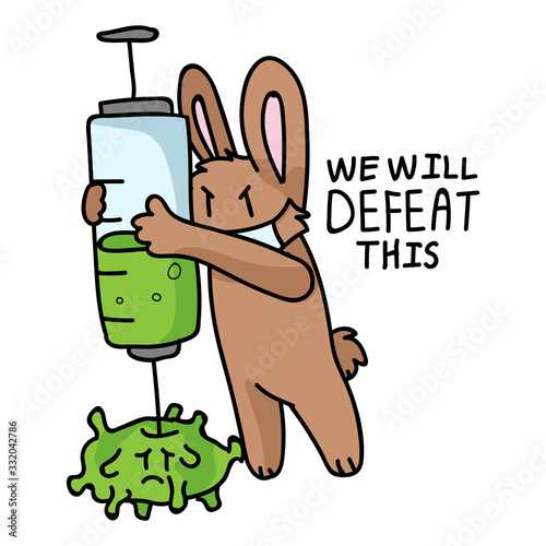 Corona virus crisis we will defeat this banner poster. Covid 19 infographic for kids with cute bunny wth syringe. Educational graphic picture of virus. Friendly icon for children. Vector flu caution. 