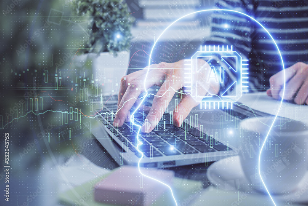 Double exposure of woman hands working on computer and brain hologram drawing. Ai concept. Double exposure of woman hands working on computer and brain hologram drawing. Ai concept.