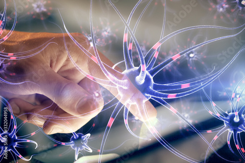 Double exposure of man's hands holding and using a phone and neuron drawing. Education concept.