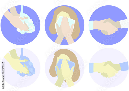 COVID-19, Coronavirus  precaution icons, sanitizing hands with soap water, sneezing instruction, no handshake, vector graphic with 2 styles of colors