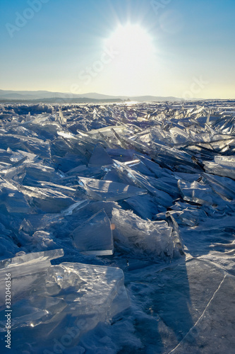 Broken ice in winter on Lake Baikal in Siberia