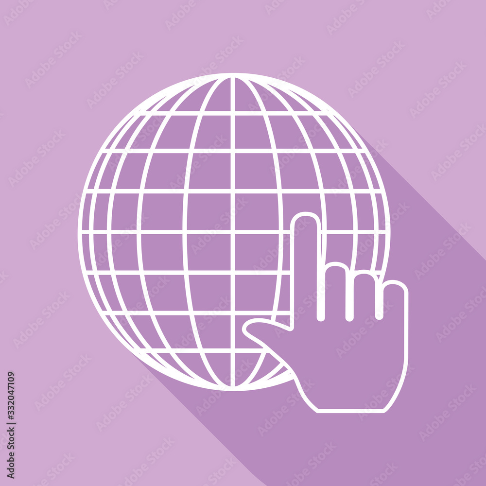 Earth Globe with cursor. White Icon with long shadow at purple background. Illustration. Earth Globe with cursor. White Icon with long shadow at purple background. Illustration.