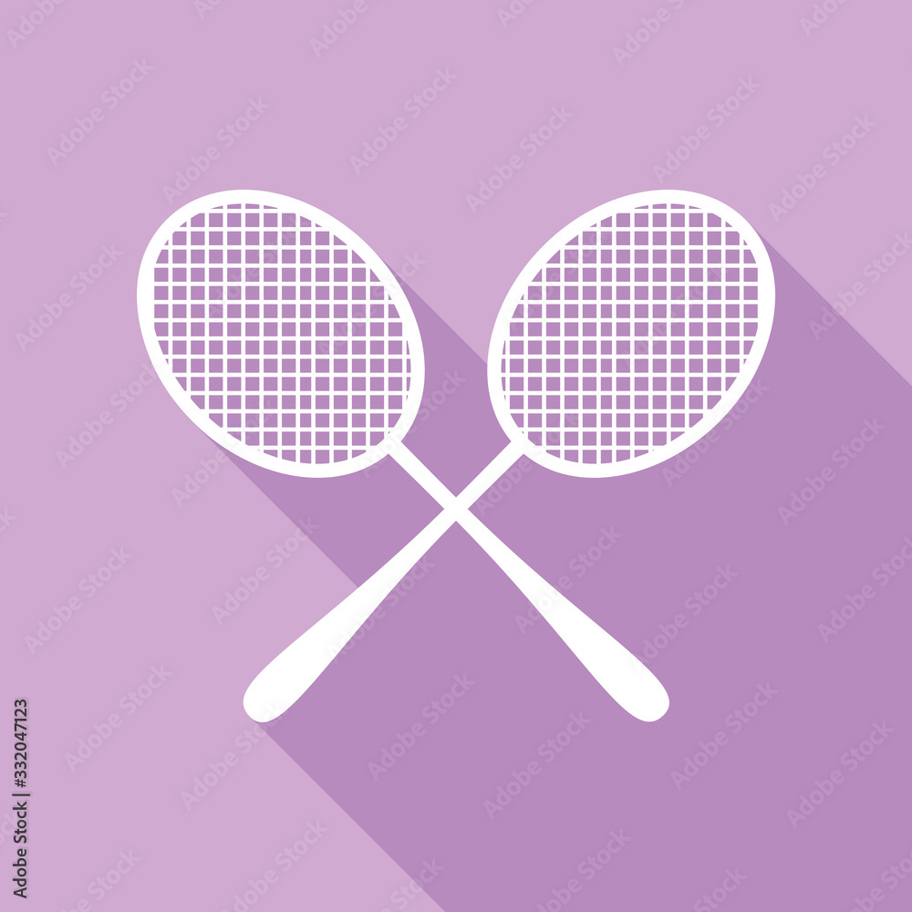 Two tennis racket sign. White Icon with long shadow at purple background. Illustration. Two tennis racket sign. White Icon with long shadow at purple background. Illustration.