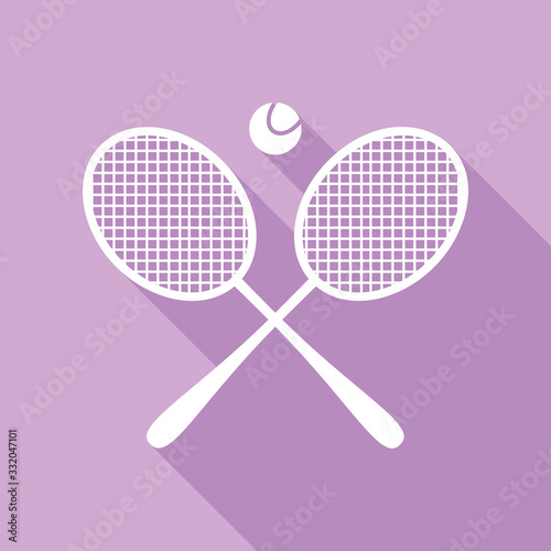 Two tennis racket with ball sign. White Icon with long shadow at purple background. Illustration.