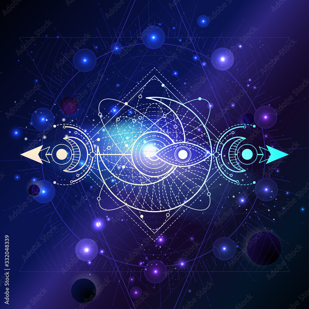 Vector illustration of Sacred geometric symbol against the space background with planets and stars.