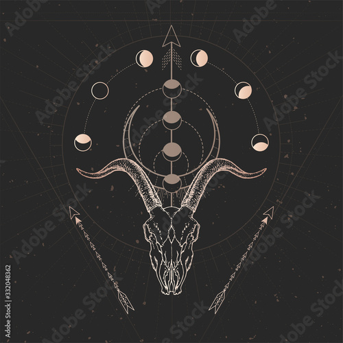 Vector illustration with hand drawn Goat skull and Sacred geometric symbol on black vintage background. Abstract mystic sign.