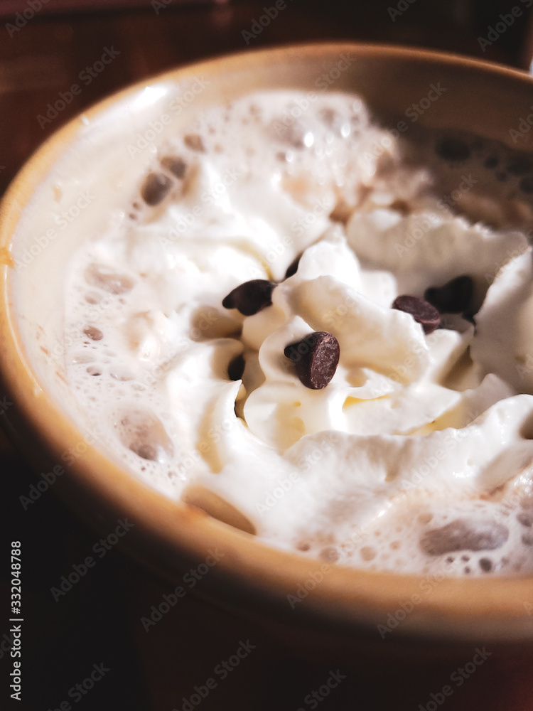 Hot Latte Drink With Whipped Cream And Chocolate Chips